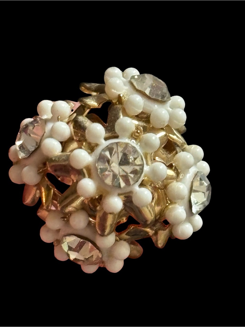 Vintage Floral Gold and White Crystal Cluster Screw-Back Earrings - Picture 2 of 4
